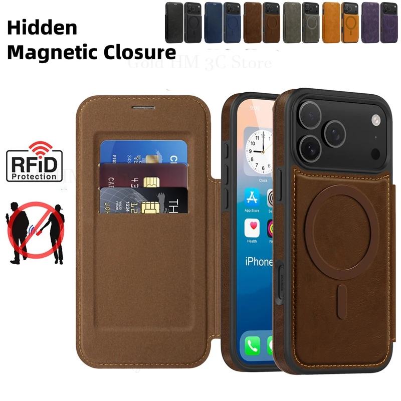 

Кожаный магнитный чехол для телефона iPhone 17 Pro Max с откидным слотом для ID-карты для Magsafe, чехол для Apple 16 Pro Max 16e 17 Air 15 14 Pro