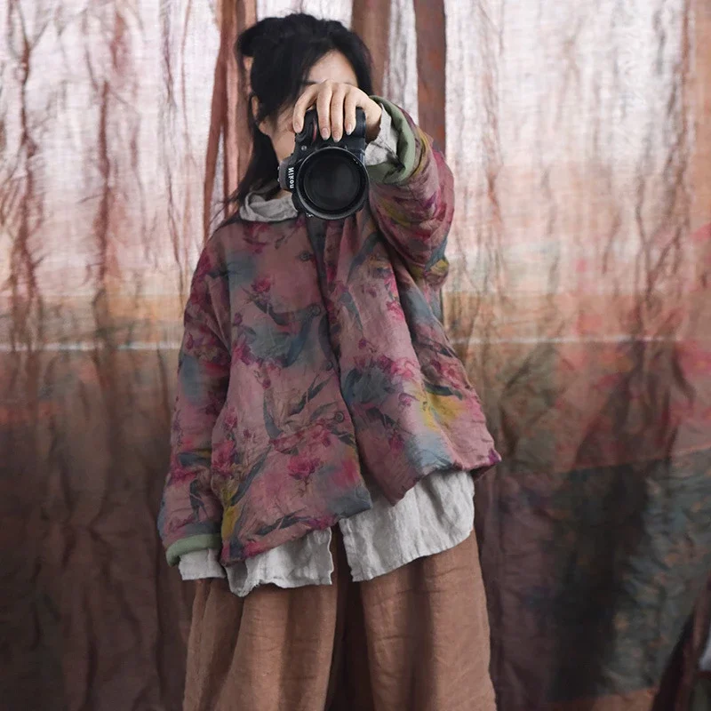 الربيع خمر نمط س الرقبة الأزهار طباعة فضفاضة الإناث طويلة الأكمام معاطف M1218 المرأة القطن الكتان سترات رجالي جديد وصول 2025 #5