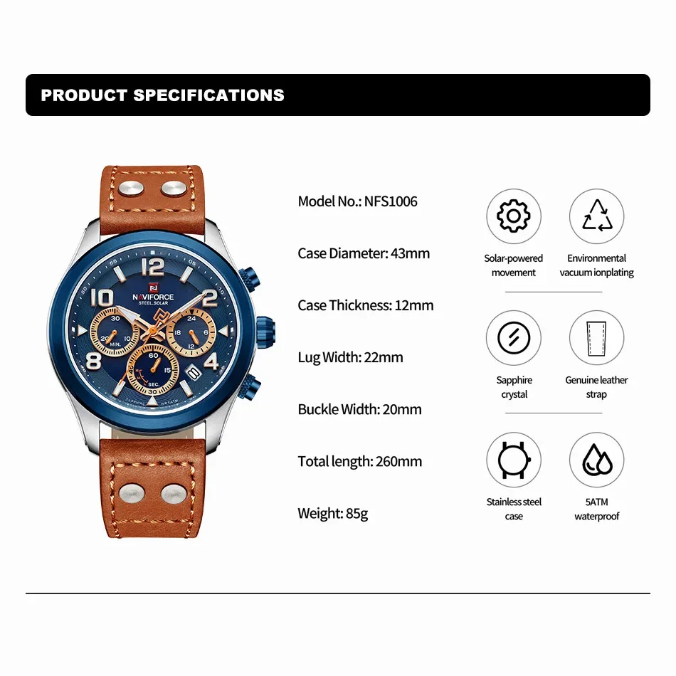 NAVIFORCE New Men's Watch Calendar Eco-Drive Movement Quartz Wristwatches Simple Fashion 5ATM Waterproof Clock Relogio Masculino