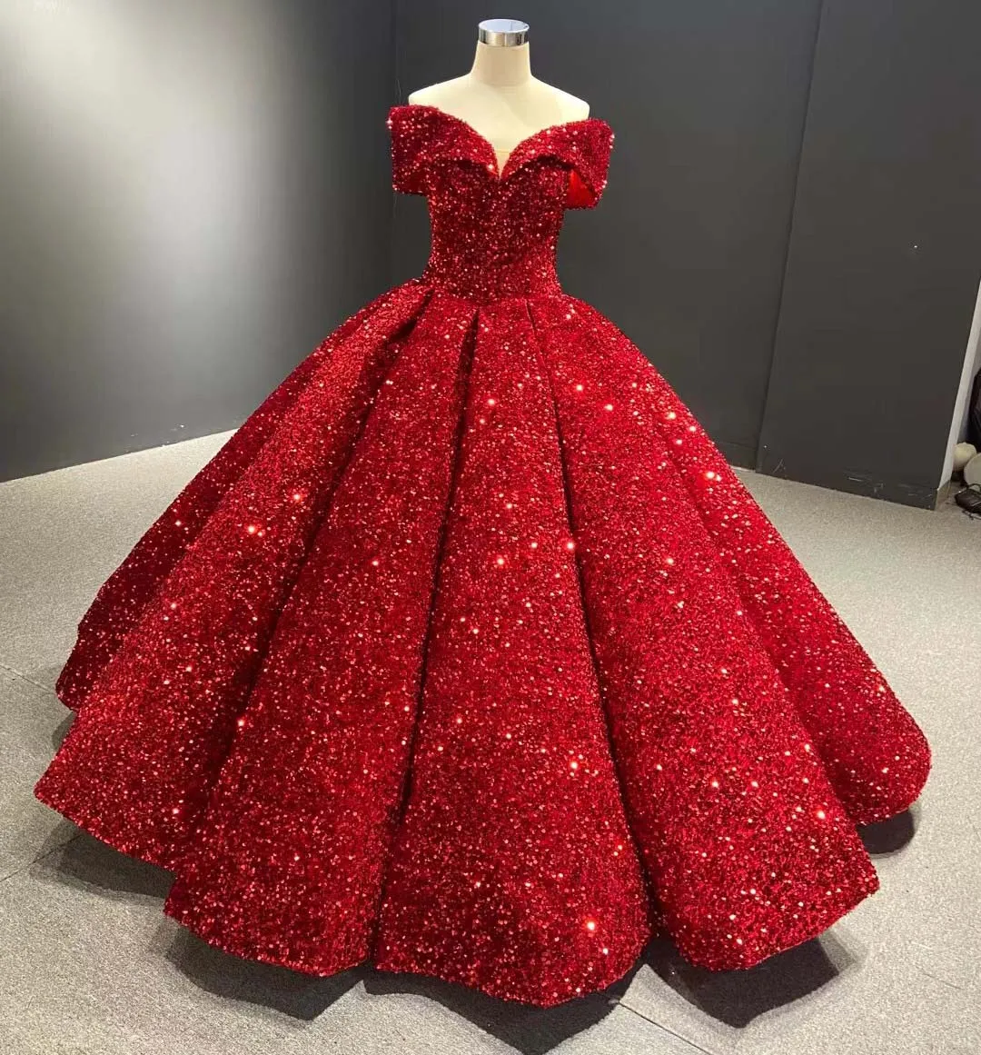 Red Puffy Quinceanera abiti Ball Gown Off The Shoulder Seuqins Sparkle Mexican Sweet 16 abiti 15 Anos