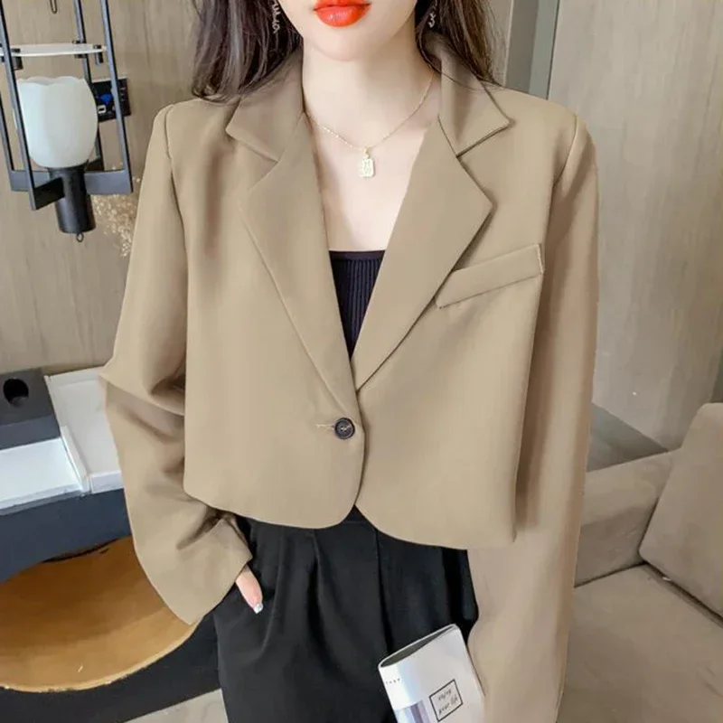 Cropped Blazers for Women Long Sleeve Office Lady OL Suit Jacket Fashion Korean Solid Color Simple Single-button Outwear Teens