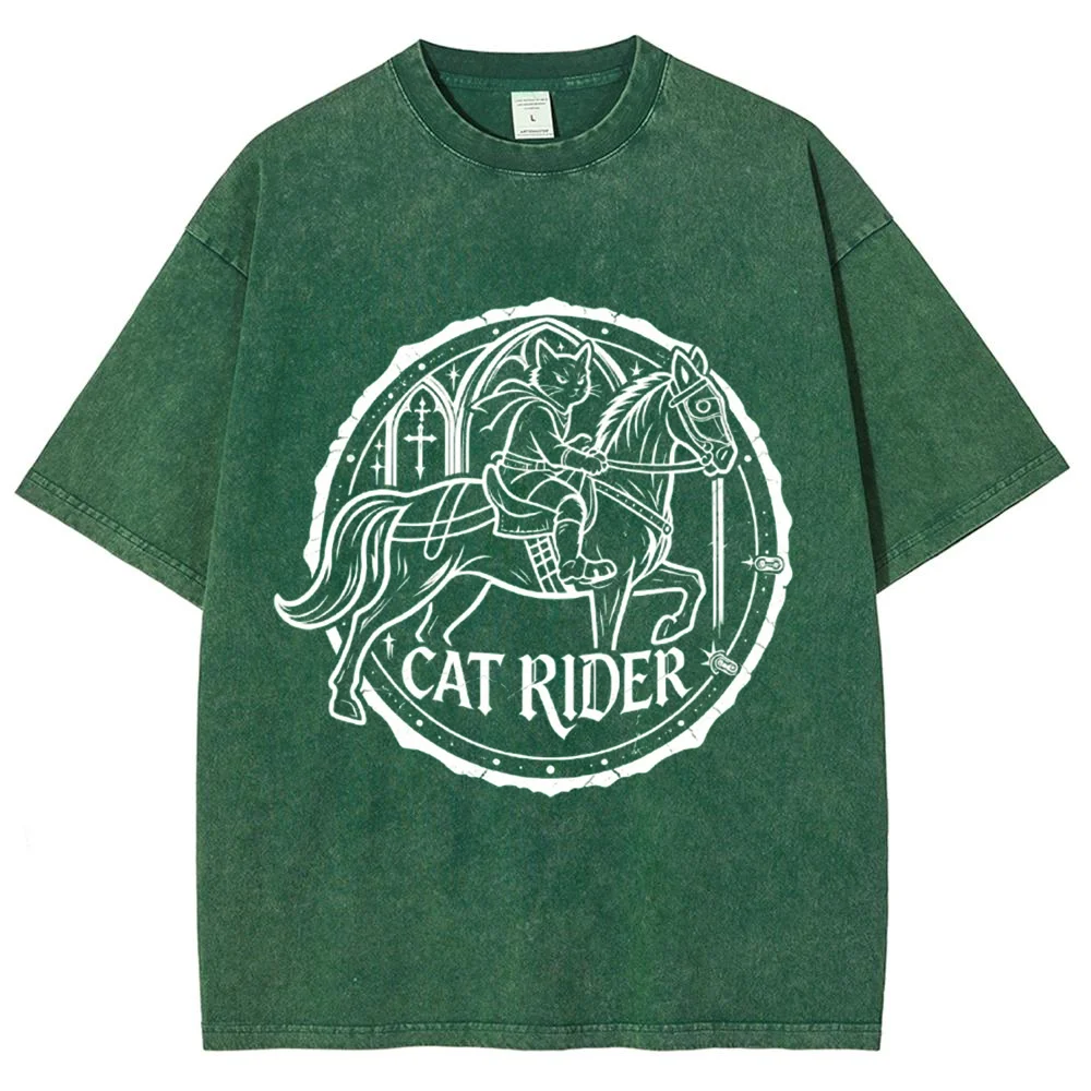 Vintage Cat Rider Graphic T Shirt Women Oversized Washed Blue Gothic Knight Print Casual Streetwear Short Sleeve Tee Top