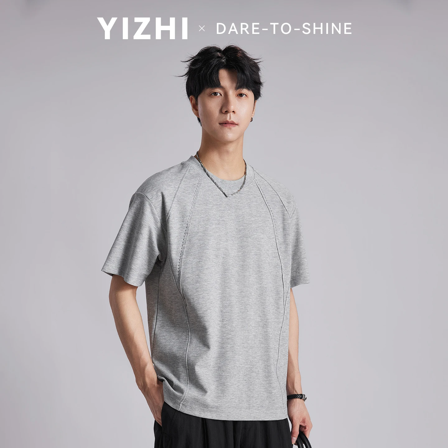 Fashion Men's 220g Heavyweight 3D Cutting Line T-shirt 2026 Summer Solid Color Loose Soft Casual Short Sleeve Tops