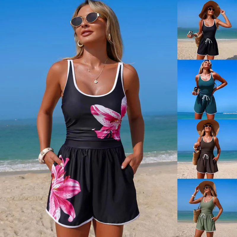 U Neck One Piece Women Swimsuit Color Block Bathing Suit Floral PrintSwimwear Beach Wear With Short