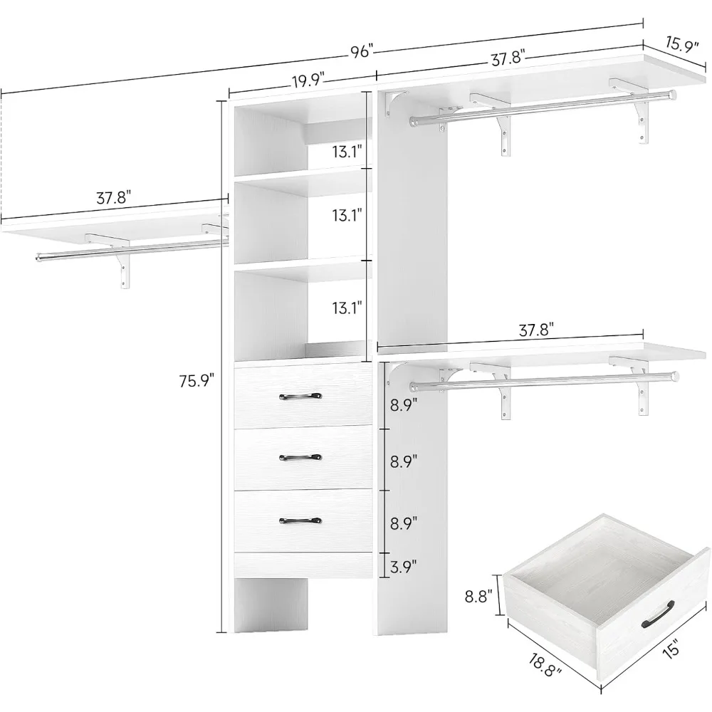 96-inch closet system, 8-foot walk-in closet organizer, 3 adjustable shelves and 3 hanging rods, heavy-duty hangers, 3 drawers