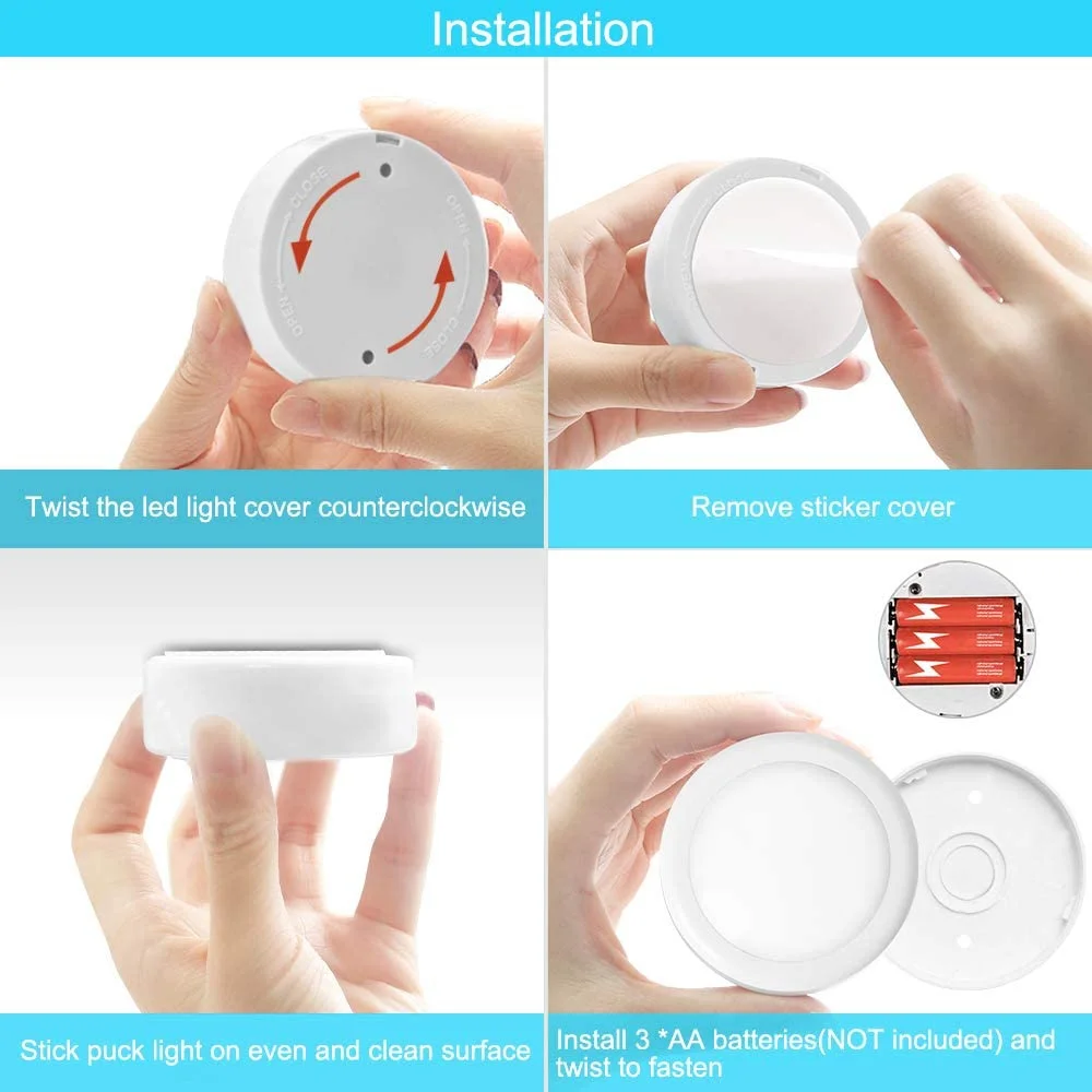 LED Puck Light Remote Dimmable Under Cabinet Light Touch Sensor Battery Operated for Kitchen Wardrobe Closet Stair Lighting Lamp