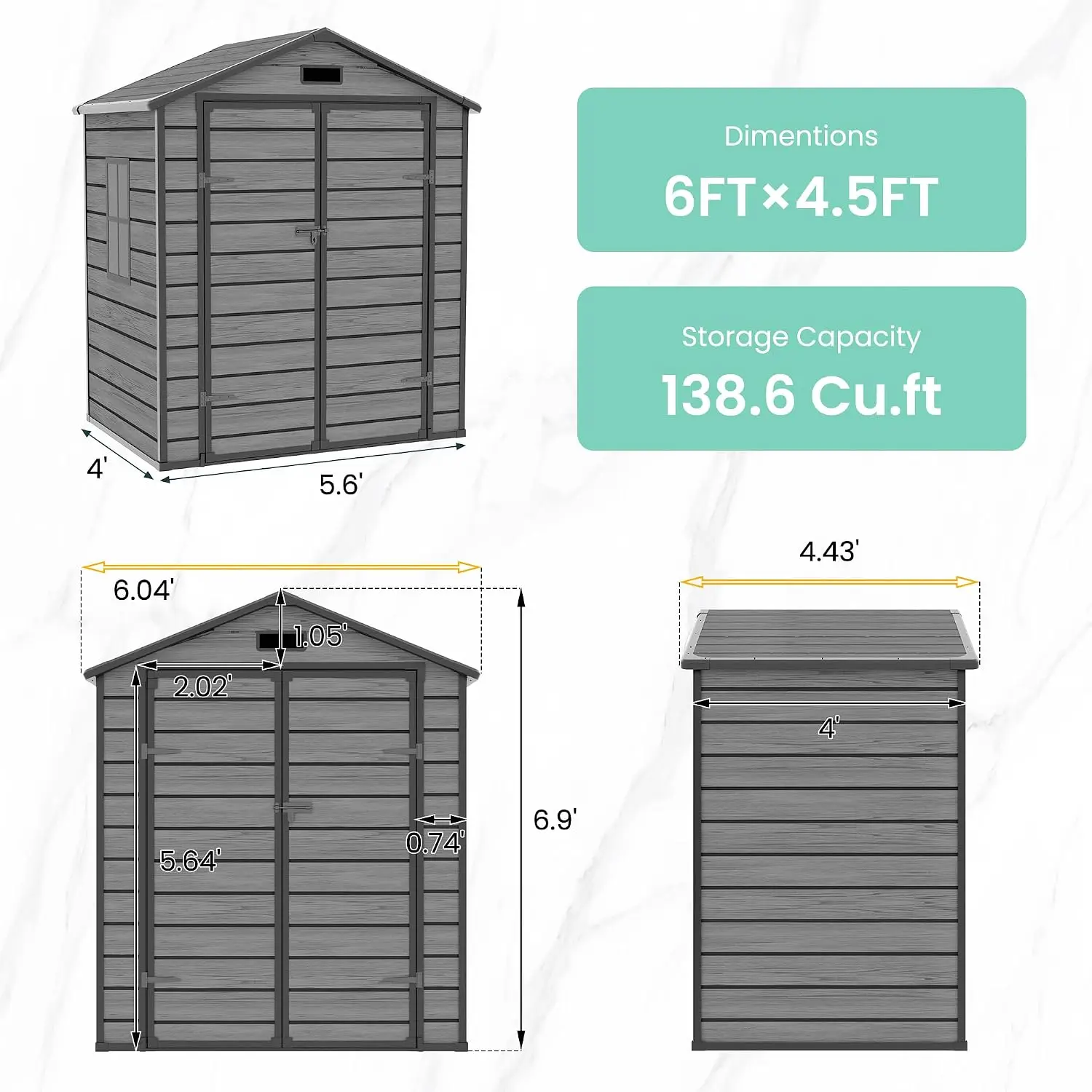 Resin Storage Shed 6x4.5FT, Weather & UV Resistant Lockable Garden Shed with Heavy Floor, Quick Assembly, Customized