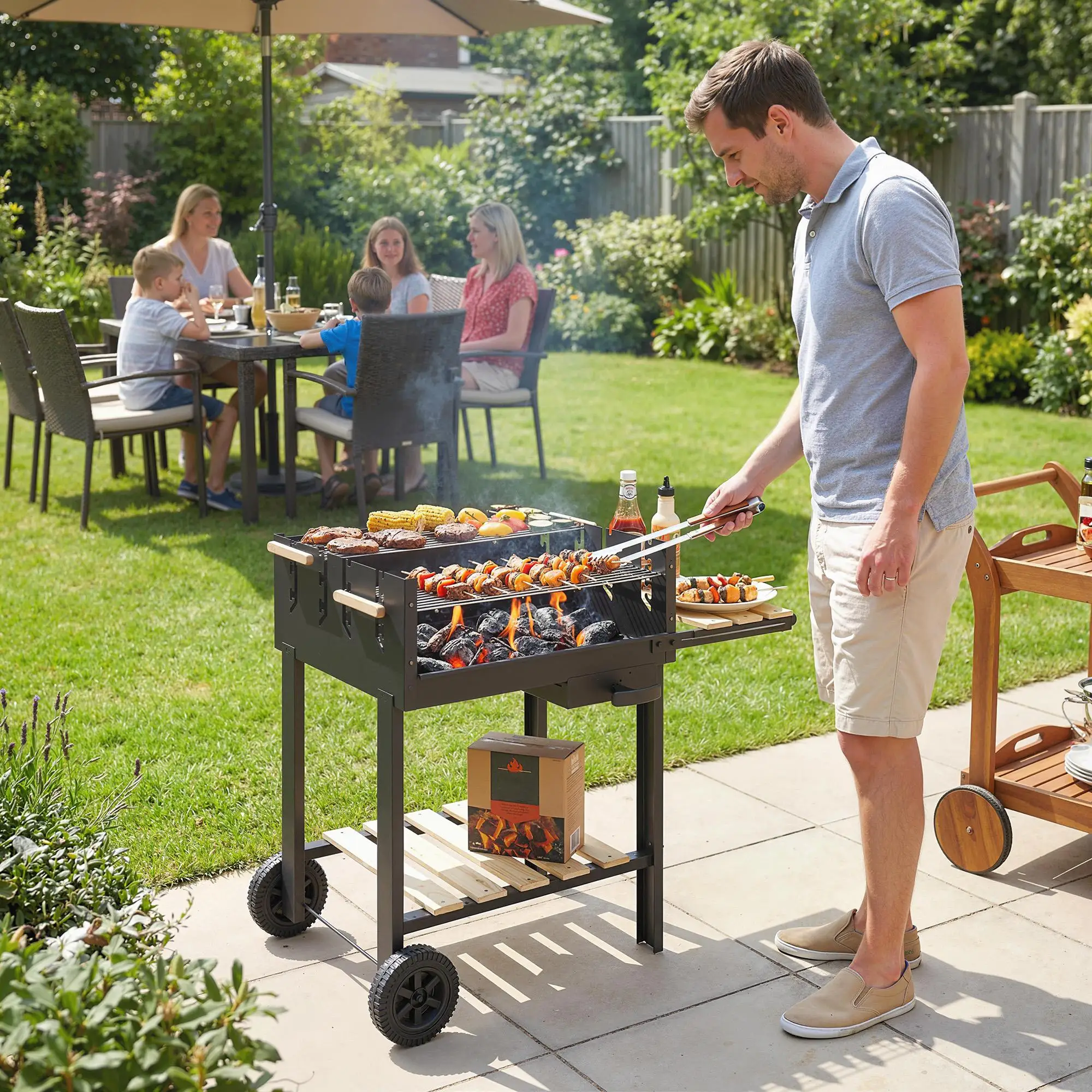 Carrito para barbacoa Outsunny a carbón, 4 niveles de altura ajustable, 2 parrillas, estante lateral, contenedor para cenizas 99.5x58x82 cm