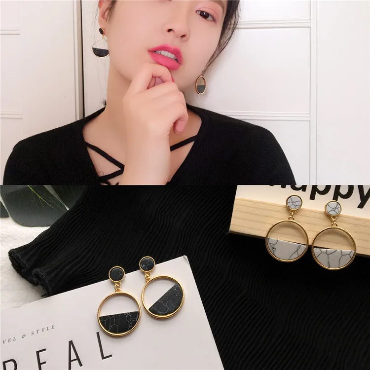 South Korea\'s new fashion simple geometric round marble long earrings girls popular earrings temperament EE88 earrings