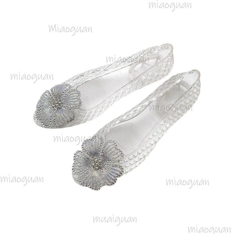 New Crystal Jelly Shoes Sparkling Diamond Flower Pointed Toe Sandals Women's Shallow Mouth Beach VacationTransparent Footwears view 5
