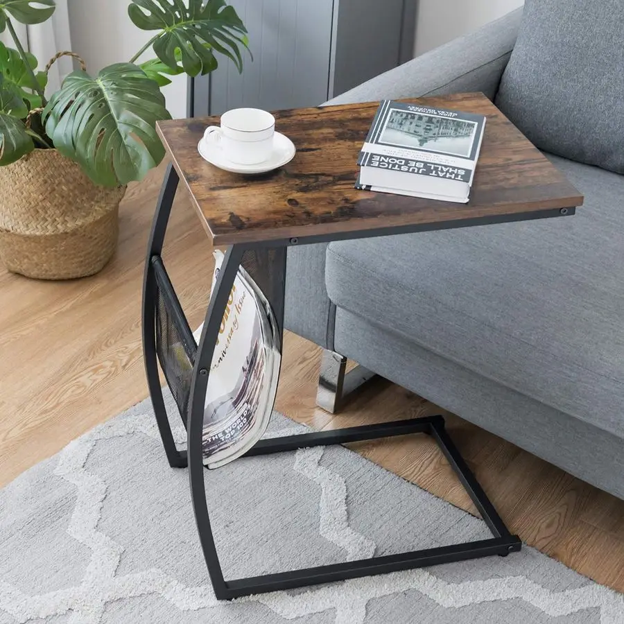 

Sofa Side End Table, C Table Snack Table with Side Pocket amp Metal Frame, Over Bed Table Industrial Side Table for Sofa Couch B