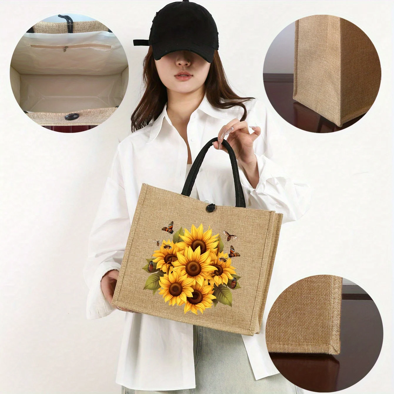 Fashion Handbag Sunflower Insect Printed Burlap Tote Bag, Casual Reusable Shopping Bag Large Capacity Linen Handbag Travel Bag