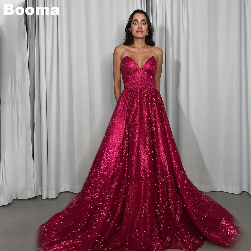 

Booma Red Shiny A-Line Prom Dresses Sweetheart Sleeveless Graduation Party Dress Long Evening Gowns vestidos de fiesta elegantes