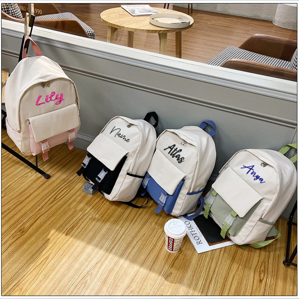 Mochila versión coreana personalizada para estudiantes de secundaria y secundaria, mochila de Color de contraste Simple con nombre