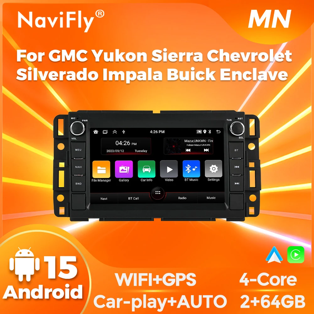 NaviFly 7-inch Android 15 2+64GB Car Radio Carplay For GMC Yukon Sierra Chevrolet Silverado Impala Buick Enclave BT GPS DAB