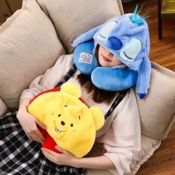 Stitch Disney New Pillow Cute Cartoon U-shaped Pillow Stuffed Toy Travel Hooded Neck Cushion Single Office Nap Pillows Headrest