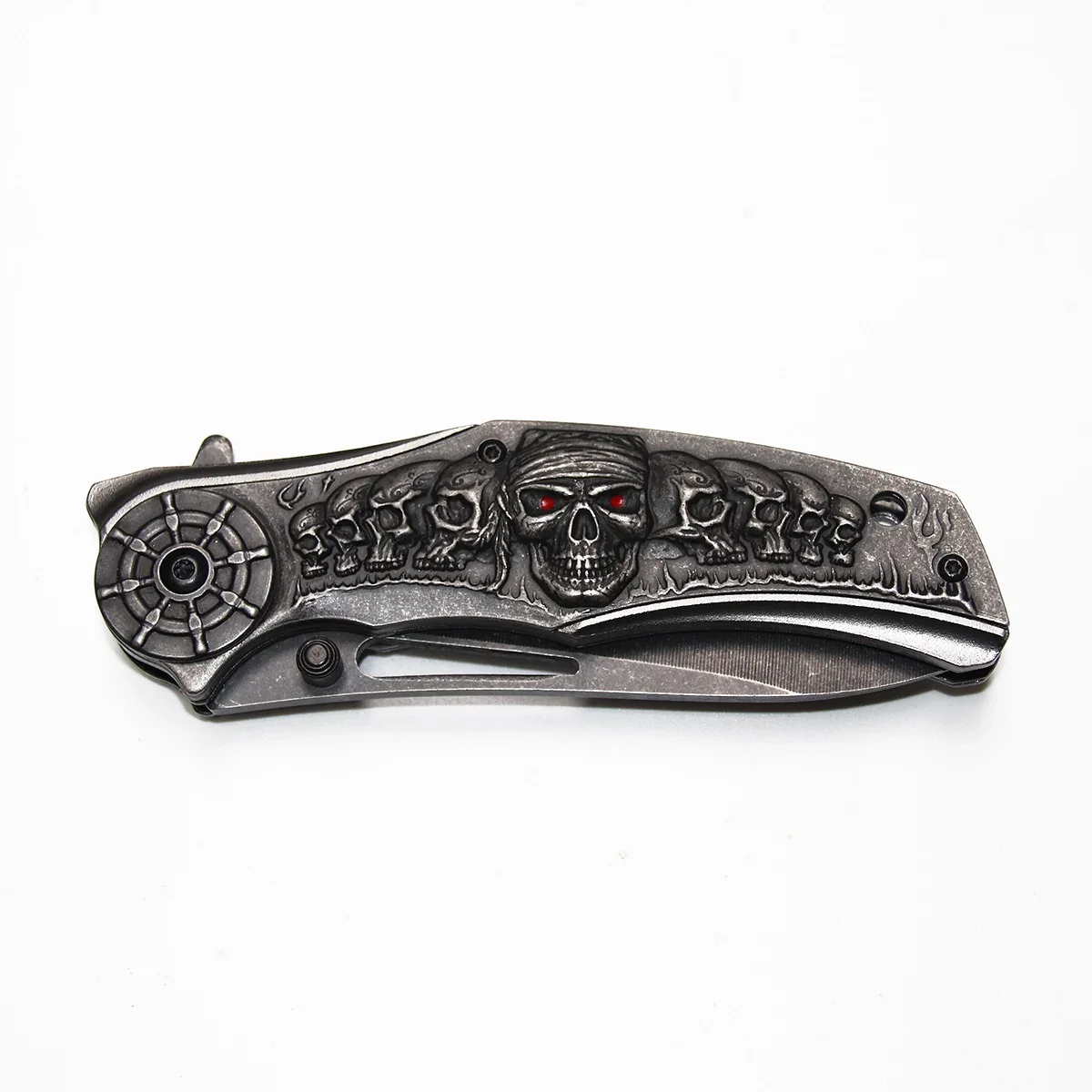 Survival Hunting Camping Hiking Knife, Folding Blade Pocket Knife , Engrave Skulls Pirate Handle Stonewash Sharp 4.5