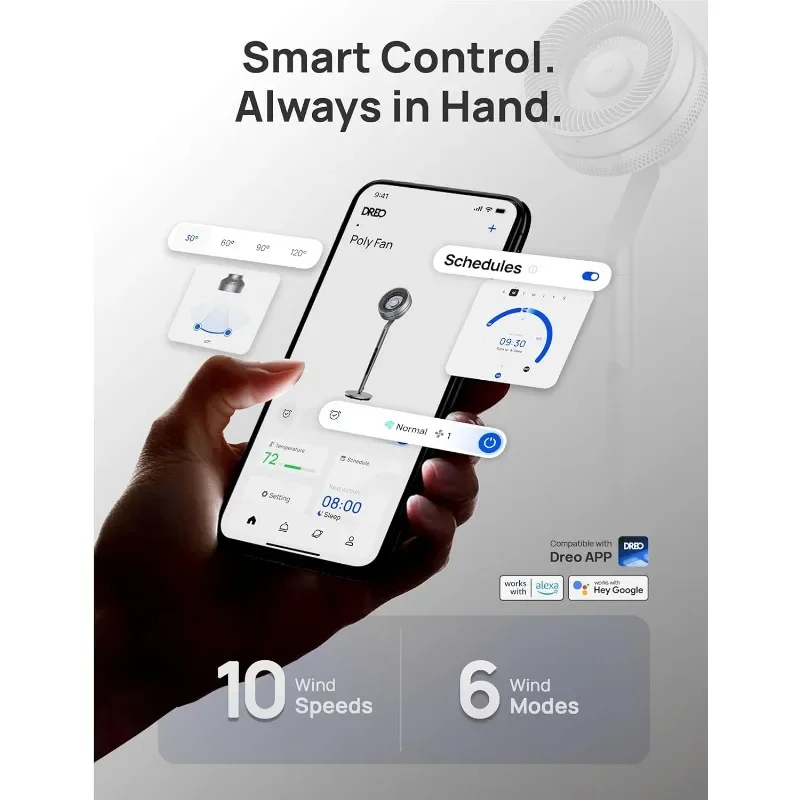 Voetstuk Ventilator Met Slimme Bediening, 40-44 "Verstelbare Hoogte, Dc Stille Ventilatoren Voor Slaapkamer, 120 ° + 85 ° Omni-Directionele Oscillerende