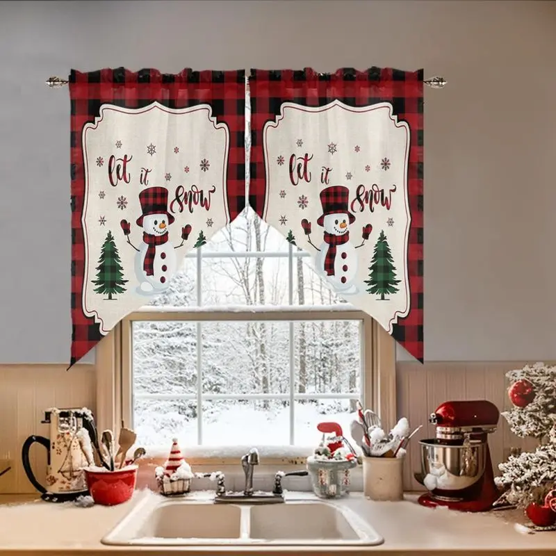 VIKAMA Buffalo Check Christmas Triangle Window Drapes, “Let It Snow” Alphabet Snowman Christmas Tree Print Curtains, Home Decor