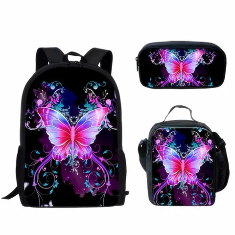 Novedad Popular, diseño de mariposa genial, estampado 3D, 3 unids/set, mochilas escolares para alumnos, mochila para ordenador portátil, bolsa de almuerzo, estuche para lápices