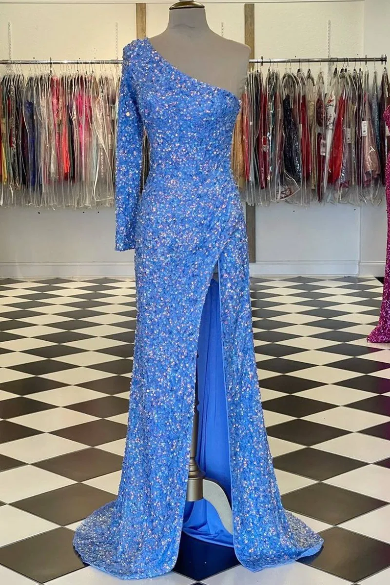 Robe à paillettes chic à une manche pour femme, fente éducative, robe de soirée couvertes, zone ecoming, Rhpopulaire, Rotterdam, kle, Kendny, 2024