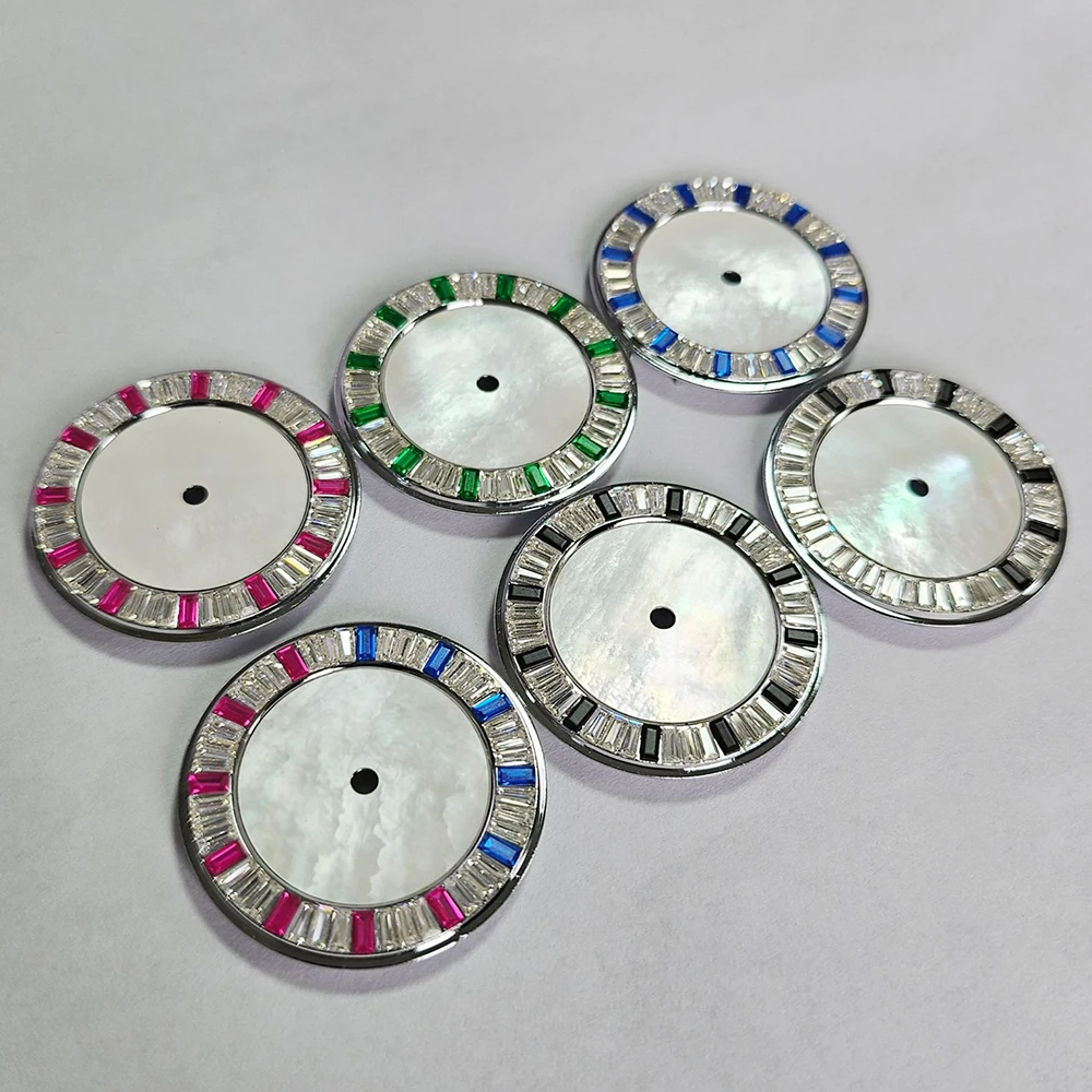 Luxury Rhinestones Scale Pearl Shell Watch Dial, for NH35A NH36 4R35 Movement Mechanical Watch Faces, NH35 Dial 28.5mm