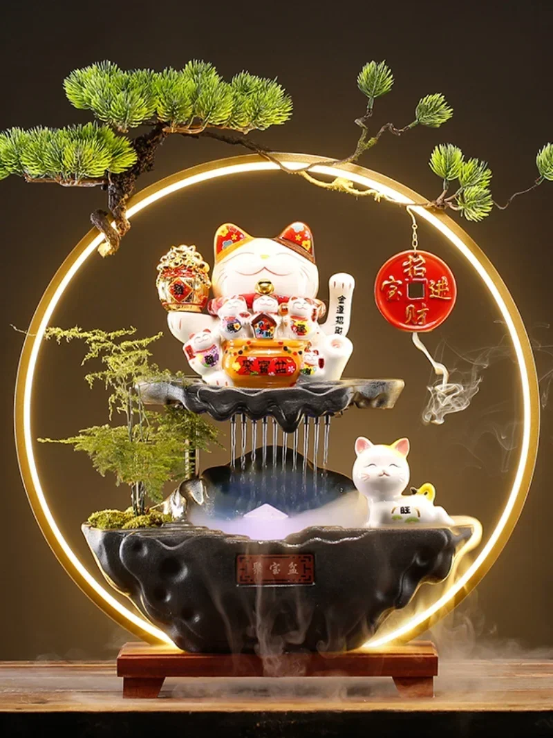 Fortune Cat Chinese Style Fountain Water Fortune Decoration Home Living Room Decoration Countertop Desktop Opening