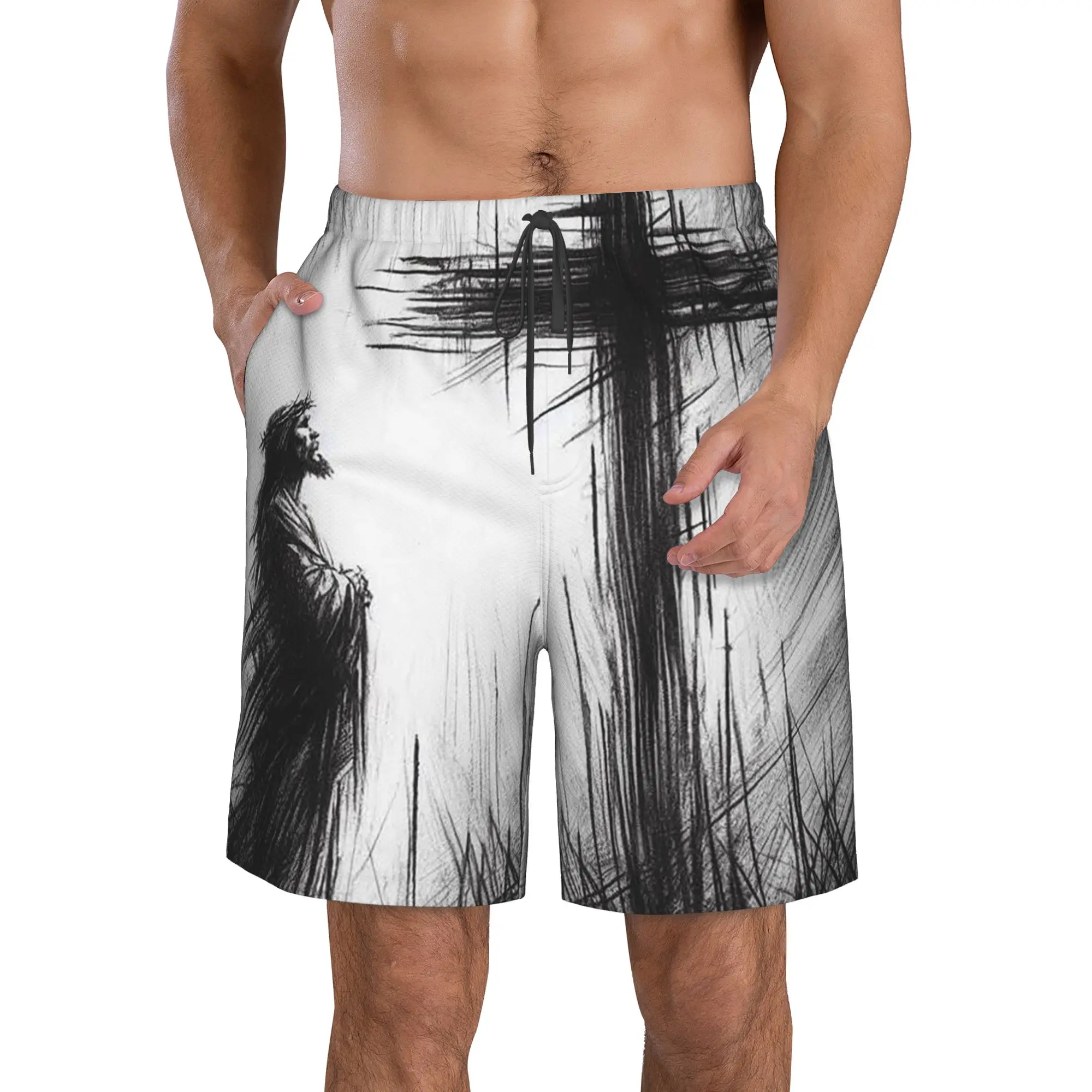 Jesus Christ and Christian Cross Dark Print Trunks Beach Board Shorts Casual Quick Dry Swimming Summer Men Pants