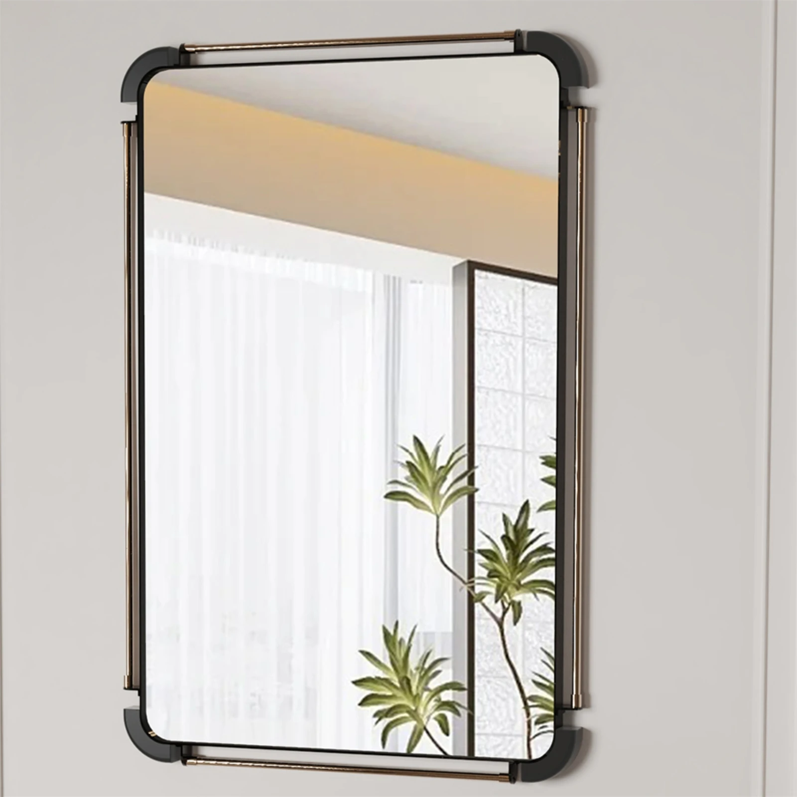 

Decorative Mirror Wall Mounted Rectangular Large Vanity Frameless with Antique Golden Metal Tube Edge fur Home Livingroom Room