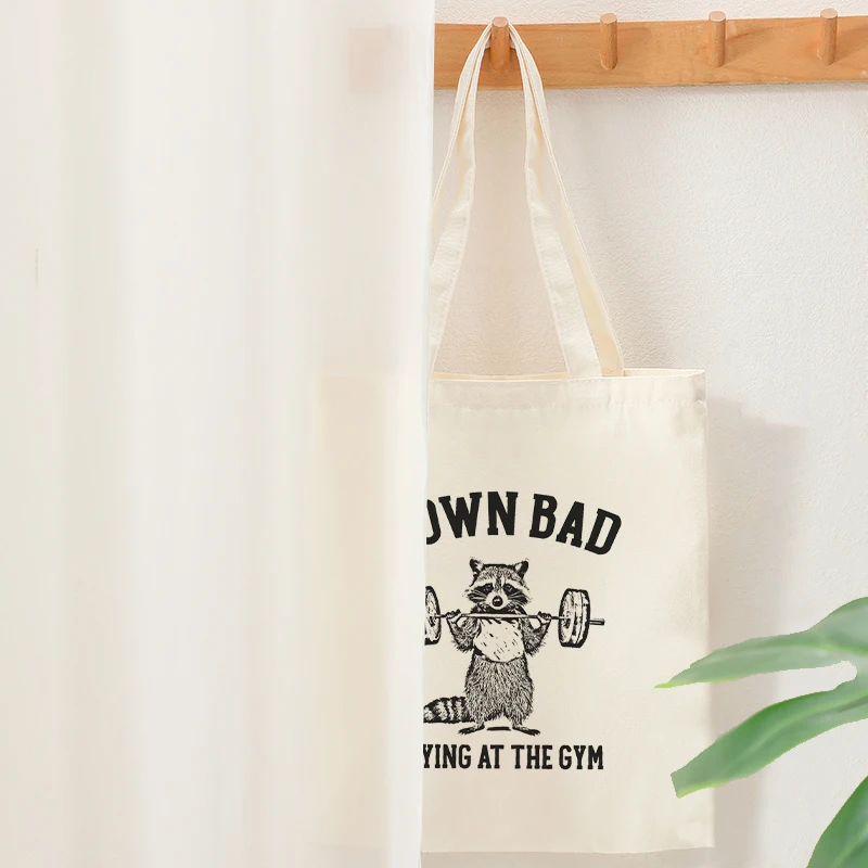 Down Bad Crying at the Gym Racoon Meme Pattern Tote Bags Canvas Shoulder Bag for Travel Daily Women Reusable Large Shopping Bag