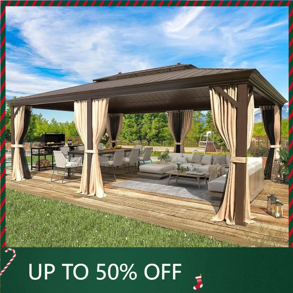 14'x20' Hardtop Gazebo Double Roof Galvanized Steel Canopy Outdoor Aluminum Frame Permanent Metal Pavilion