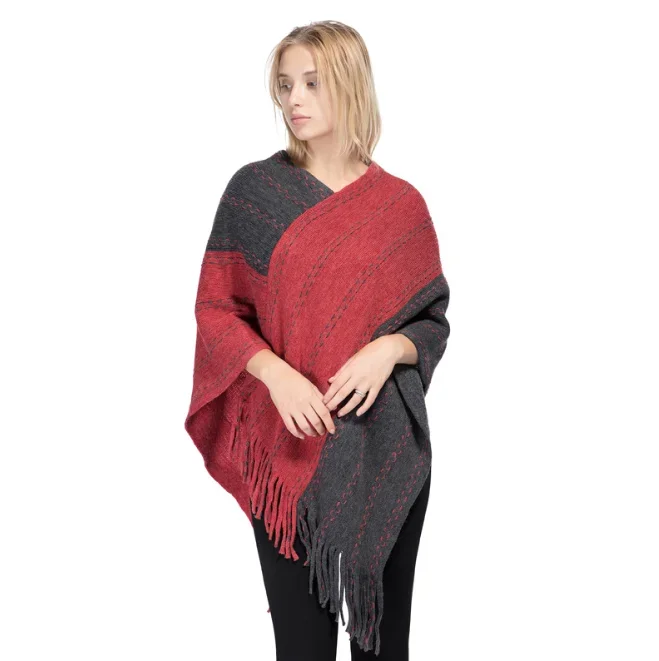 Color Matching Tassel Knitted Shawl Women's Autumn Winter New Warm Acrylic Pullover Cloak Girls' Sweater Coat Red