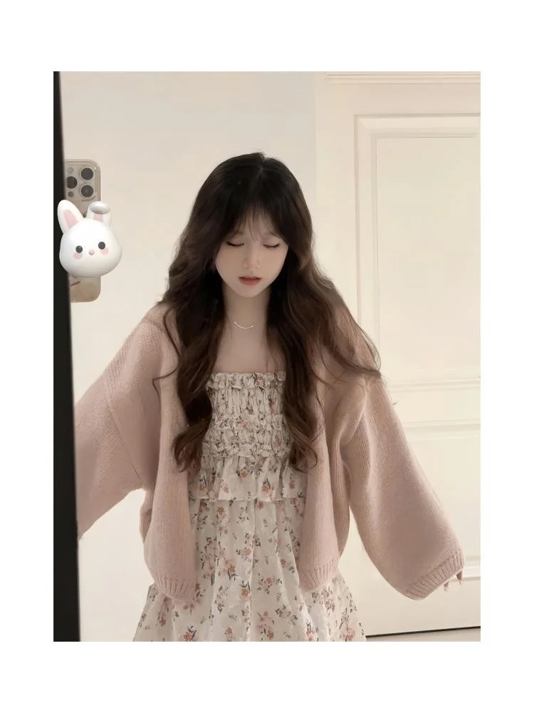 

Pink Knit Cardigan Sweater Floral Waist Cinched Dress Women Two Piece Set French Style Autumn Collection Teenage Fashion