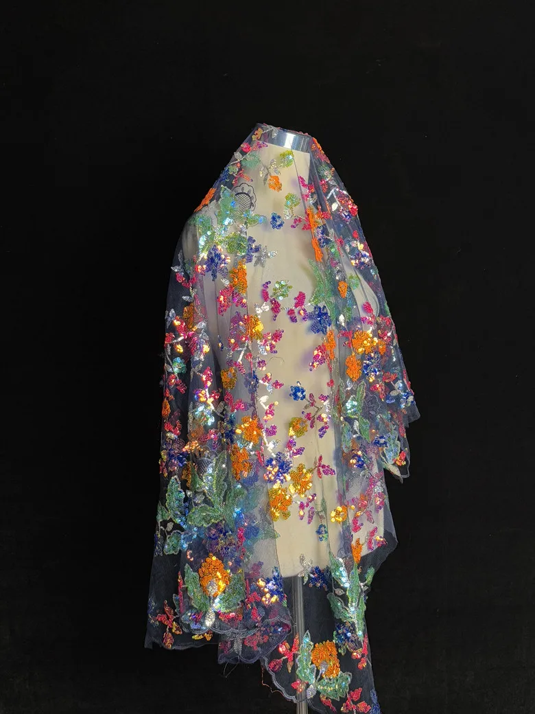 

1 ярд Красочная вышивка кристаллами и блестками синяя сетчатая ткань для шитья дизайнерской ткани платья