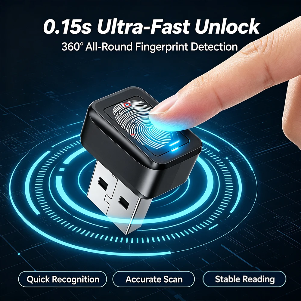 Windows Hello USB Fingerprint Reader for Laptop PC, Mini Biometric Security Scanner for Windows 10/11