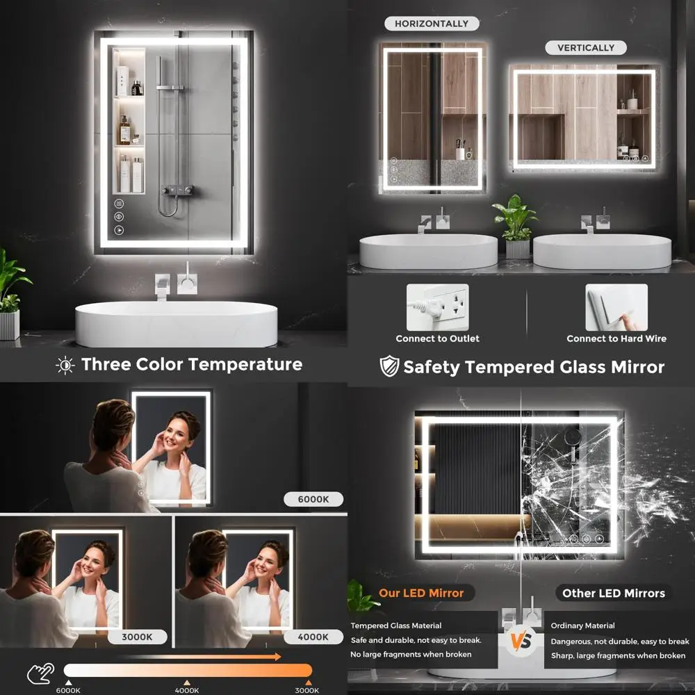 

Koonmi 20x28 Светодиодное зеркало для ванной комнаты, подсветка + передняя подсветка, светодиодное зеркало для ванной комнаты с подсветкой для стены, 3 цвета, противотуманное, с регулируемой яркостью Br