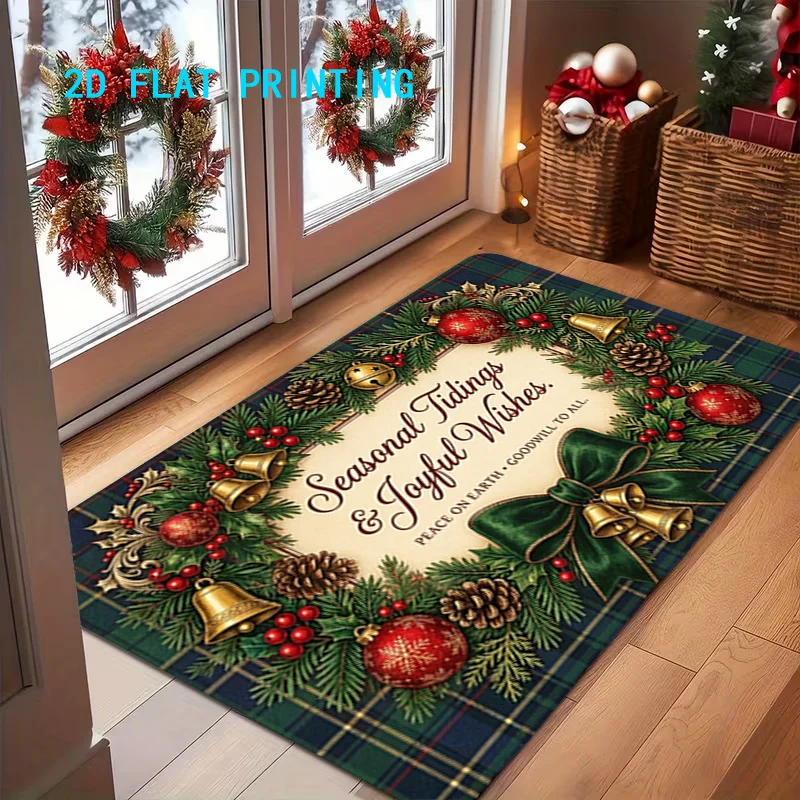 Snow Cabin Santa Christmas Doormat Snowman Lantern Gift Sled Floor Rug Front Door Xmas Seasonal Decoration