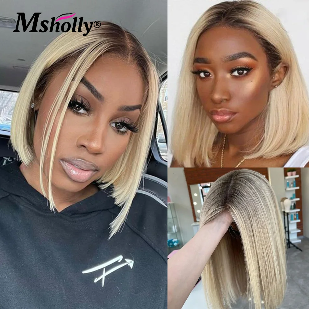 Ash Blonde 13x4 Lace Front Human Hair Wig Short Bob Dark Root Blonde Wigs Human Hair Brazilian Prepluck Hairline Human Hair Wigs