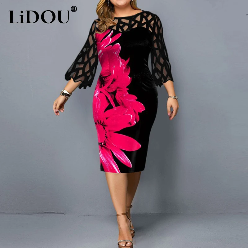 

Plus Size Sexy Hollow Out Patchwork Floral Dresses Elegant Fashion Vintage Oversized Evening Party Dress Lace Mesh Vestido Mujer