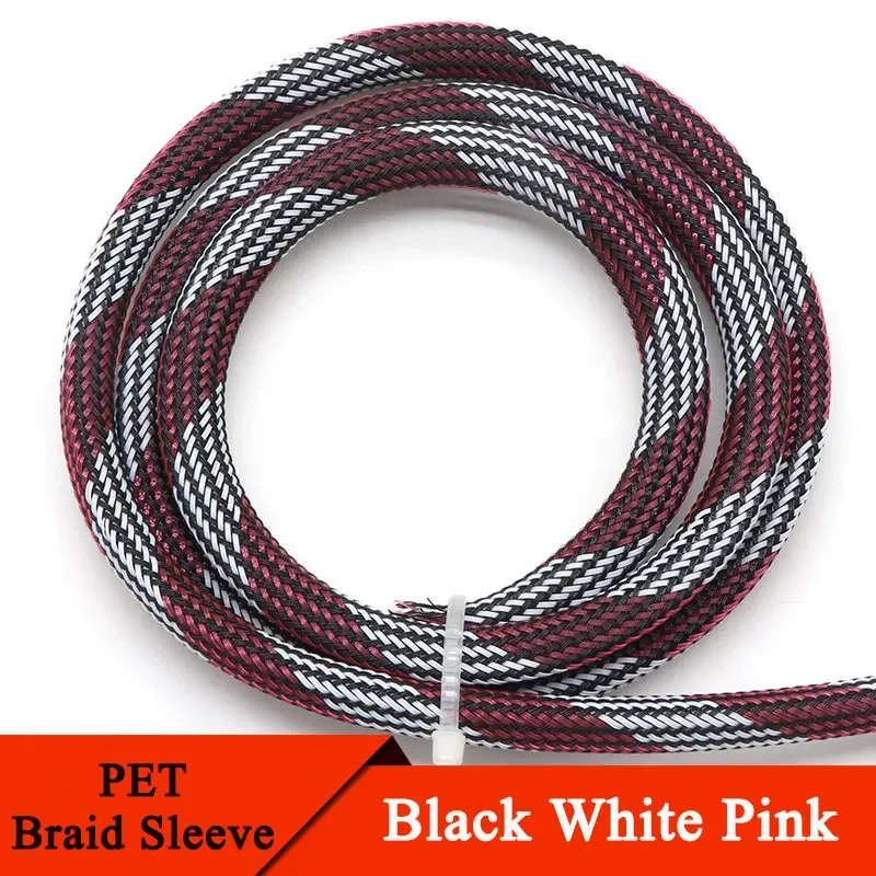 1/5/10M Black White Pink PET Braided Sleeve 2 4 6 8 10 12mm High Density Insulated Cable Protection Expandable Sheath