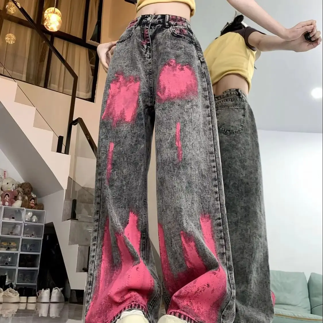 Graffiti Design Jeans American High Street Personality Retro Wide-Leg Pants Women Hip-Hop Loose Fall Dare Mop The Floor Trousers