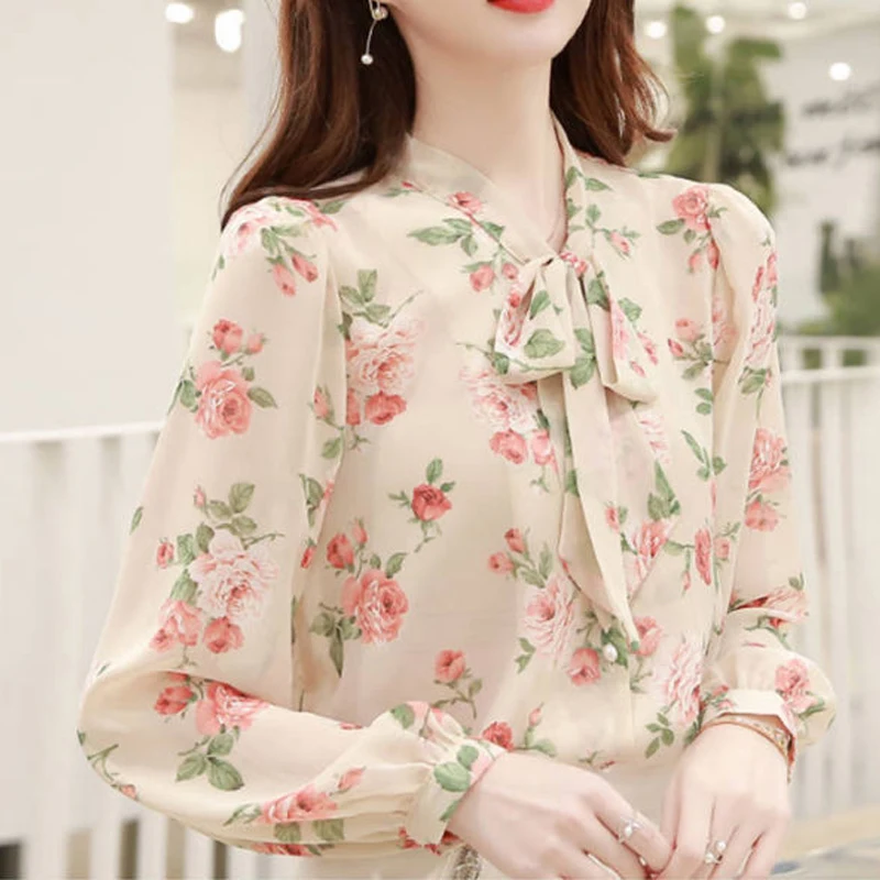 Spring Autumn Women\'s Bow Lace Up Floral Print Button Up Shirt Korean Fashion Sweet Elegant Blouse Chic Long Sleeve Tops Blusas