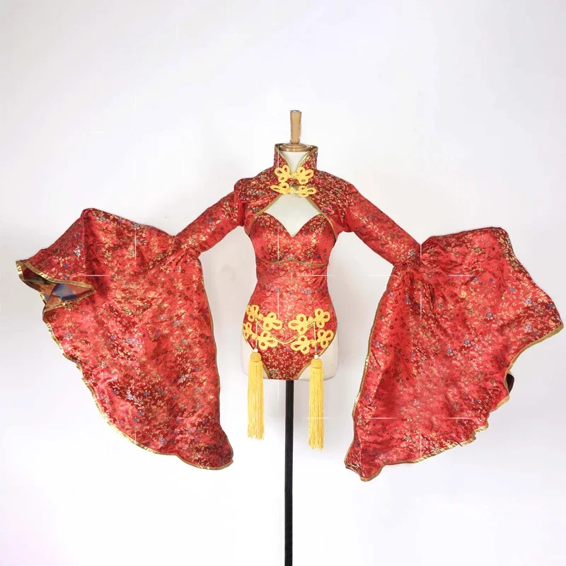 Chińskie stroje do tańca ludowego, czerwone rękawy nietoperza, body, damski strój do tańca jazzowego grupowego, strój na występy sceniczne w klubie nocnym dla DJ-a, XS5750