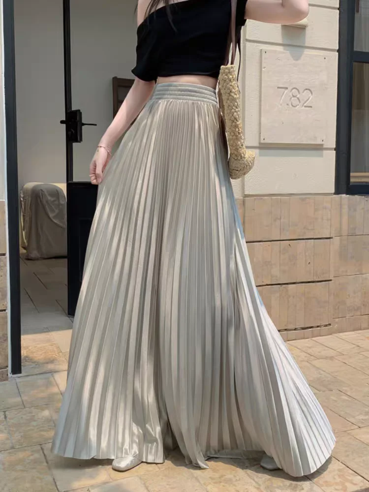 Satin Pleated Maxi Skirt for Tall Women: High Waisted A-Line Flare Summer Skirt, Slim Fit