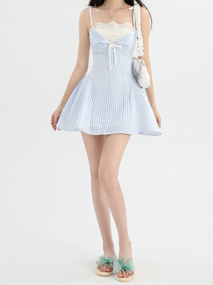 2025 Summer Ballet Core Mori Girl Lace Cami Dress A righe A-line Frock Party Shoujo One-Piece Patchwork Design Moda coreana
