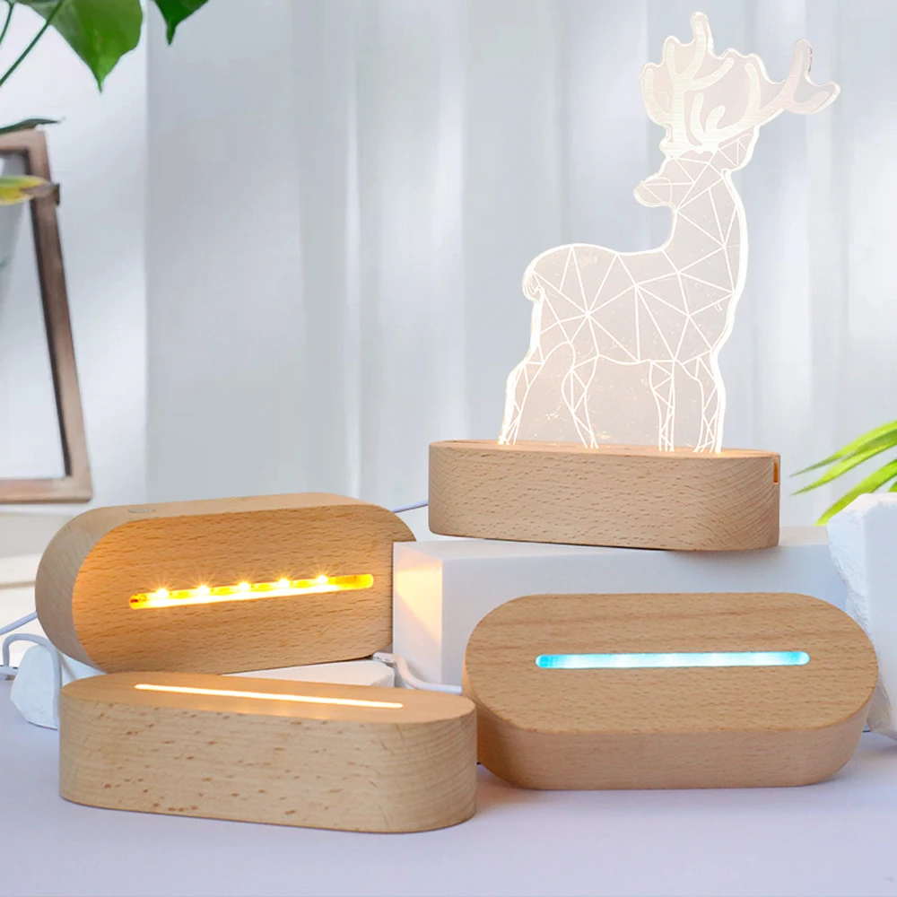 LED Light Display Base Wooden Lighting 3D Night Light Base Handmade Resin Art Crystal Light Base