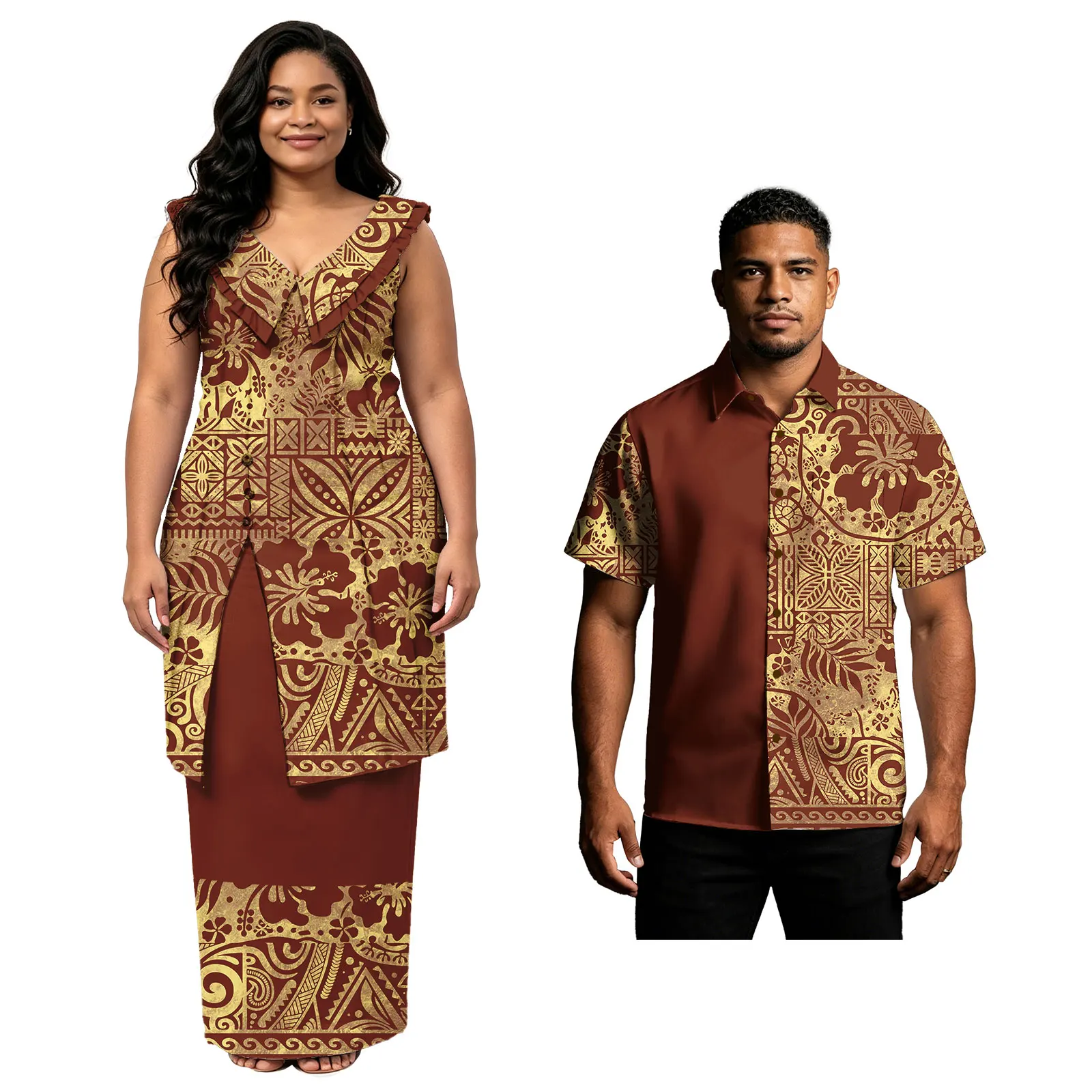 Tribal Design Men's Turn-down Collar Aloha Shirts Women Sleeveless Samoan Puletasi Elegant Couple Outfit Oversize Clothes Church