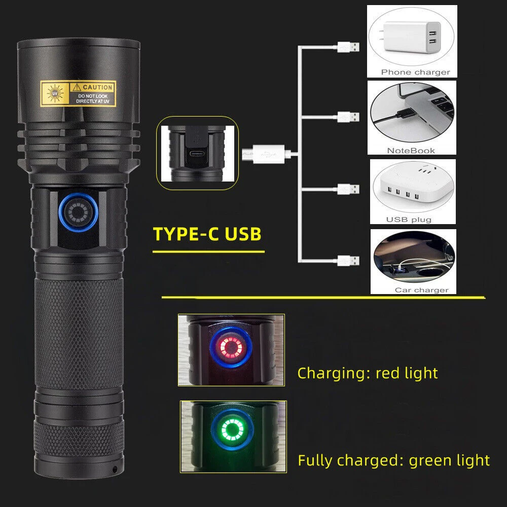 Powerful 365NM UV Flashlight Type-C Rechargeable Waterproof Purple Light For Pet Urine Stains Detector
