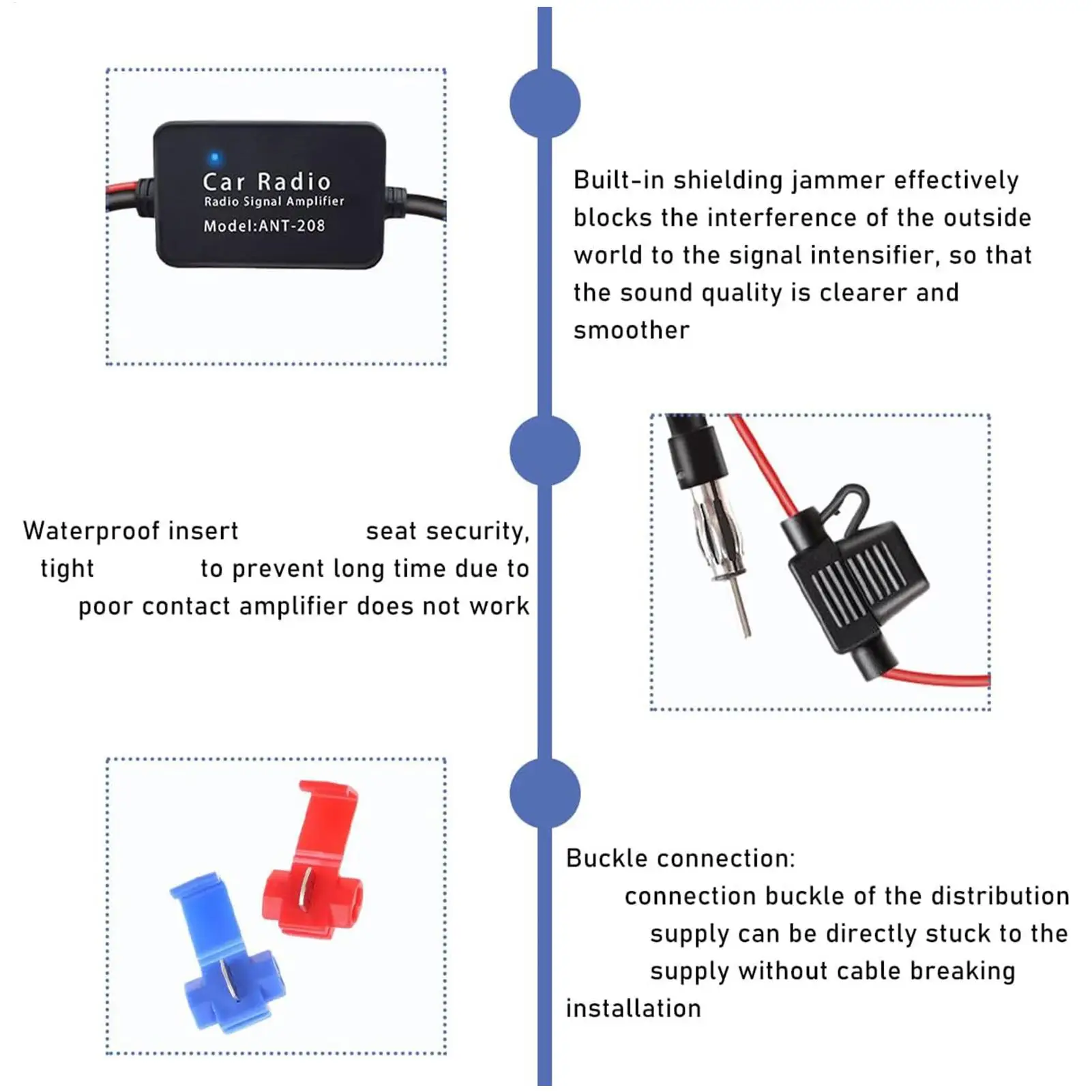 12V Universal FM Signal Amplifier Anti-interference Booster Car Antenna Radio with Noise Filters Ring for Marine Car Boat Truck