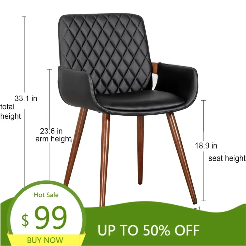 

"пара черных обеденных стульев из искусственной кожи в современном стиле середины века с мягкими сиденьями и металлическими ножками для кухни или столовой.